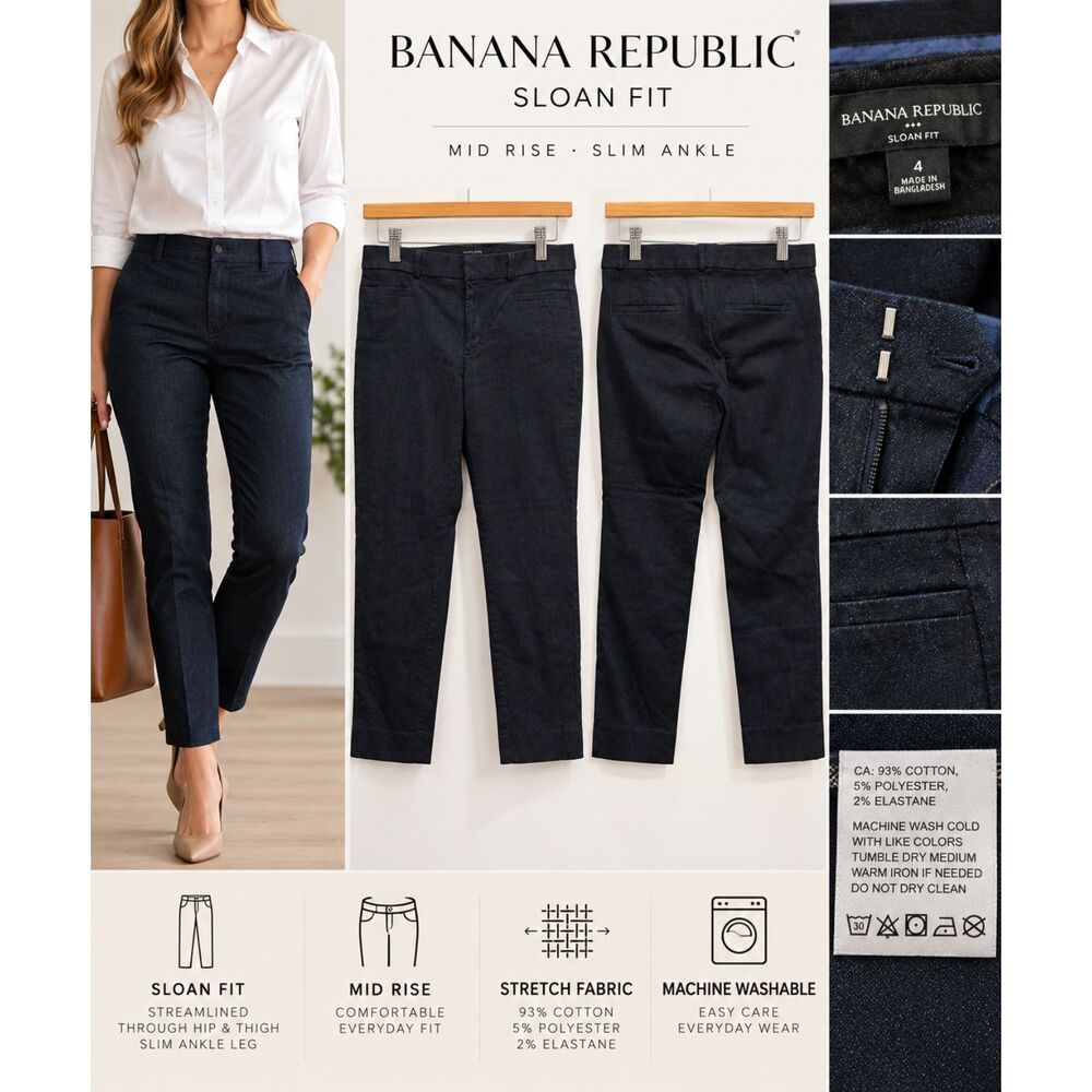 Banana Republic Sloan Fit Pants 4 Indigo Denim Mid Rise Slim Ankle Stretch